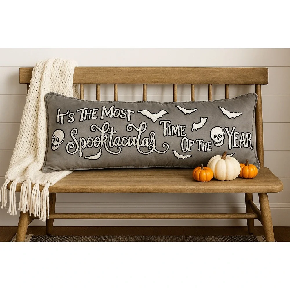 Halloween‎ Spooktacular Pillow Gray Lumbar Skeleton Bats Embroidered 14